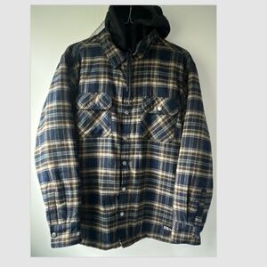 Eddie Bauer Men's Full-Zip Fleece  Hooded Shirt/Jacket Navy Plaid LARGE NWT